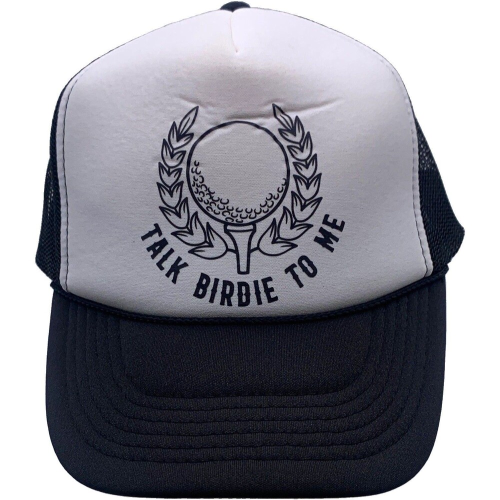 NISSUN CAP Golf Hat Adjustable Mesh Back Black White "Talk Birdie To Me"